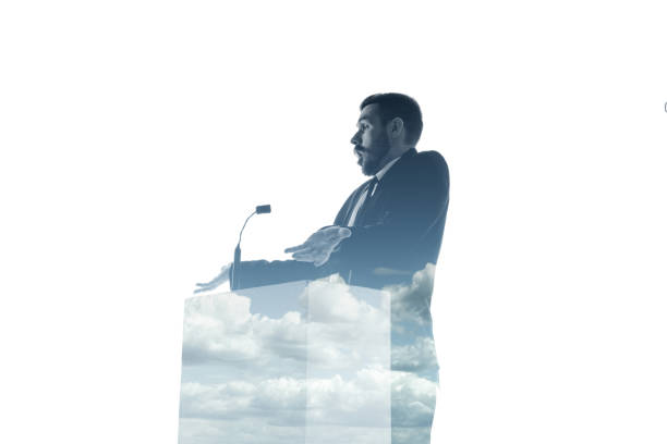 istock Speaker, coach or chairman during politician speech on white background 1189124888