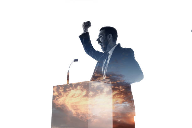 istock Speaker, coach or chairman during politician speech on white background 1189124892