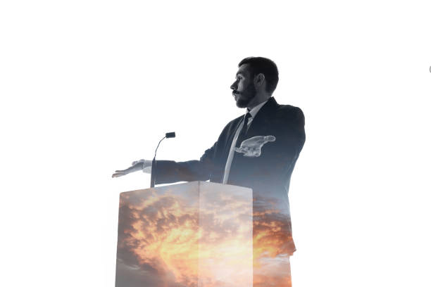 istock Speaker, coach or chairman during politician speech on white background 1189124896