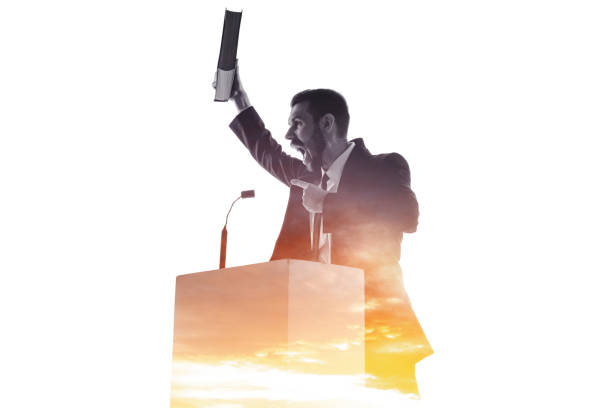 istock Speaker, coach or chairman during politician speech on white background 1189124901