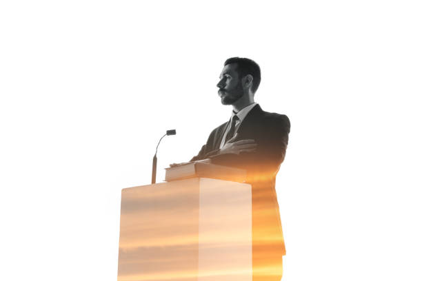 istock Speaker, coach or chairman during politician speech on white background 1189124904