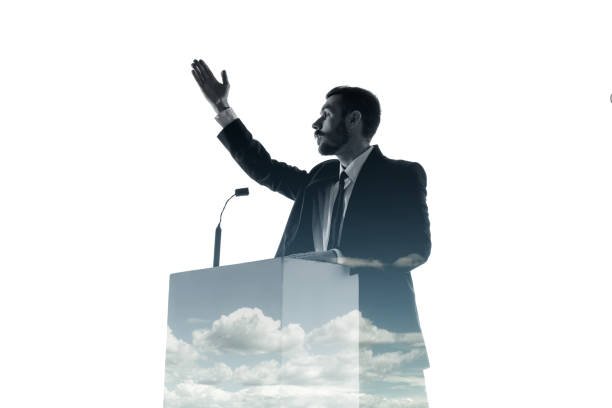 istock Speaker, coach or chairman during politician speech on white background 1189124909