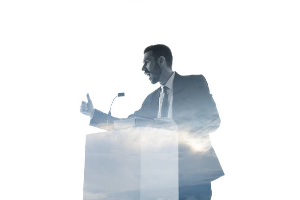 istock Speaker, coach or chairman during politician speech on white background 1189124920