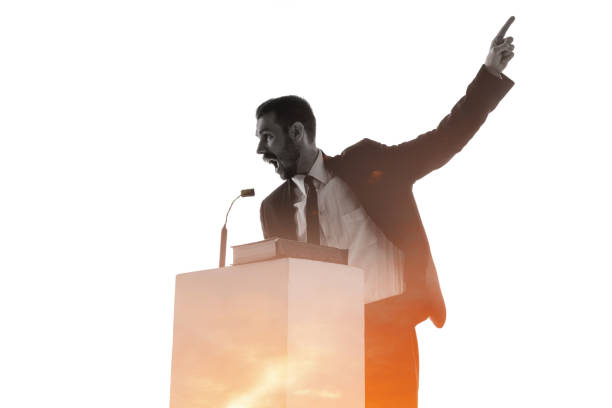 istock Speaker, coach or chairman during politician speech on white background 1189124925