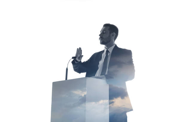 istock Speaker, coach or chairman during politician speech on white background 1189124933