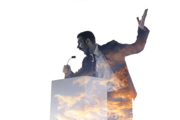 istock Speaker, coach or chairman during politician speech on white background 1189124943
