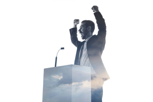 istock Speaker, coach or chairman during politician speech on white background 1189124949