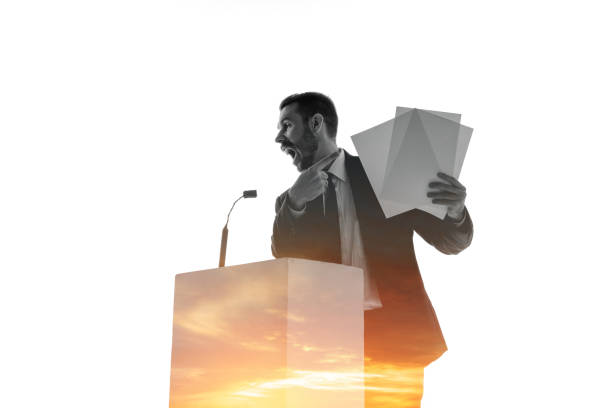 istock Speaker, coach or chairman during politician speech on white background 1189124951