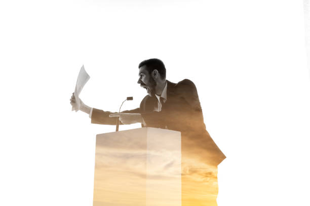 istock Speaker, coach or chairman during politician speech on white background 1189124961