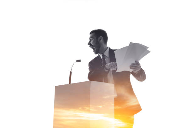 istock Speaker, coach or chairman during politician speech on white background 1189124964