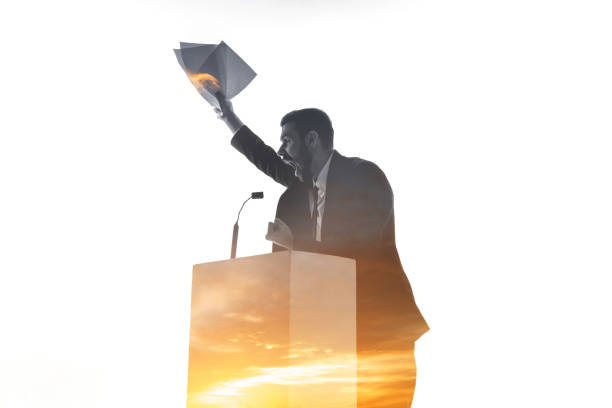 istock Speaker, coach or chairman during politician speech on white background 1189124976
