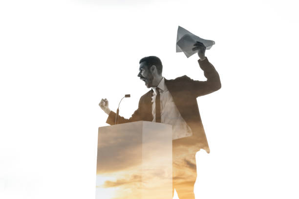 istock Speaker, coach or chairman during politician speech on white background 1189124977