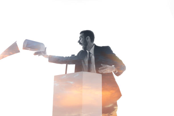 istock Speaker, coach or chairman during politician speech on white background 1189124980