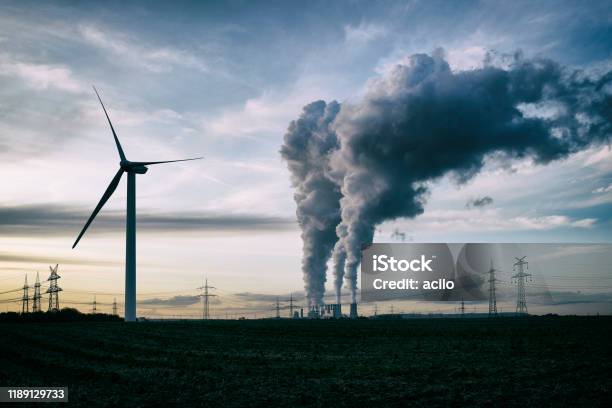 Wind Energy Versus Coal Fired Power Plant Stock Photo - Download Image Now - Greenhouse Gas, Climate Change, Fumes