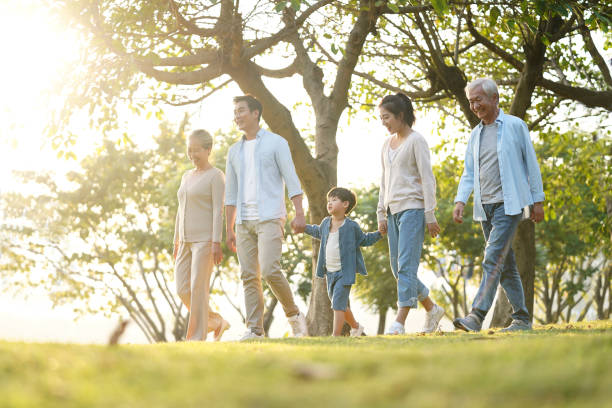 drei-generationen-familie zu fuß im freien im park - chinesischer abstammung stock-fotos und bilder