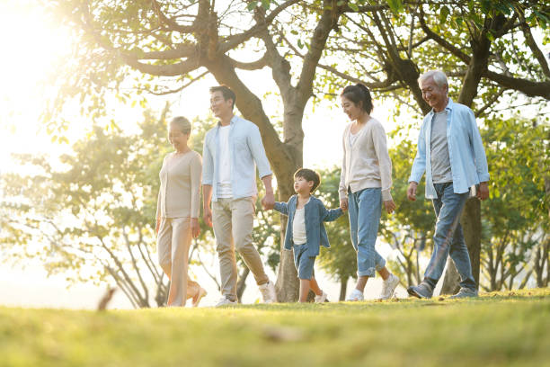 familia de tres generaciones caminando al aire libre en el parque - asia fotografías e imágenes de stock