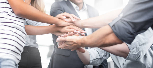 stack of hands. unity and teamwork concept. - teamwork business success leadership imagens e fotografias de stock