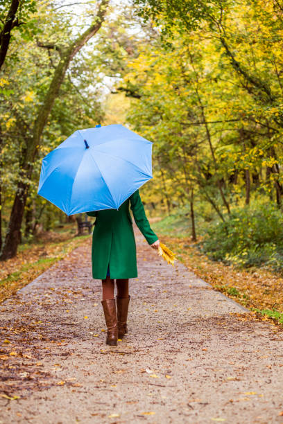 istock Woman with umbrella and fall leafs  walking in  park 1189131984