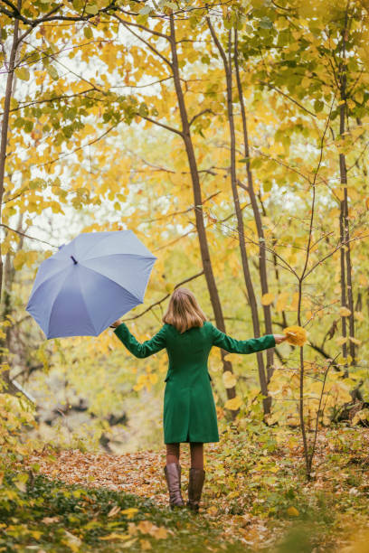 istock Woman holding umbrella and fall leafs  in park 1189133317