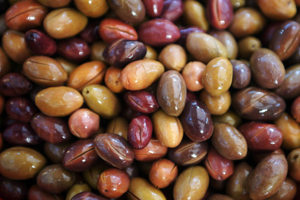Close-up of green and black olives at the rural market in southern France