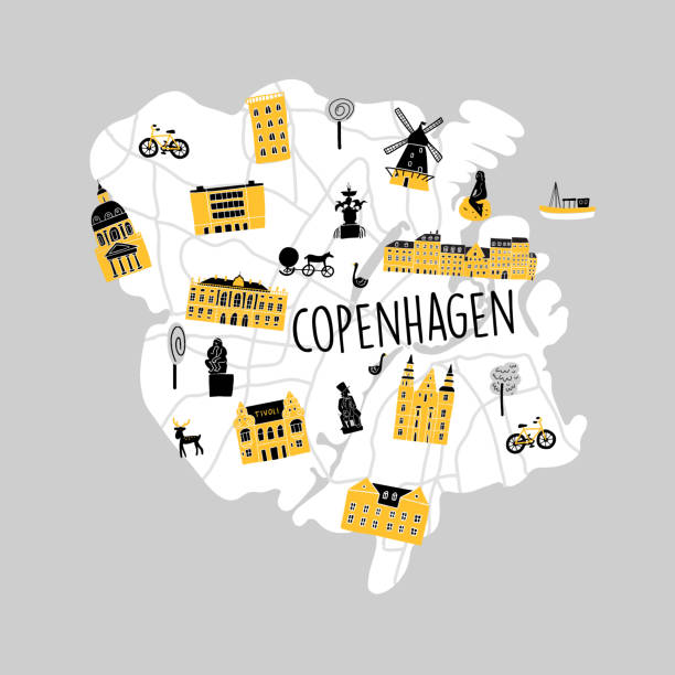 bildbanksillustrationer, clip art samt tecknat material och ikoner med rolig vektor srtylezed illustrerad karta över köpenhamn med olika attraktioner och landmärken. - copenhagen