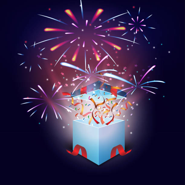 Gift boxes opening celebrated with colorful fireworks background