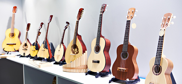 Guitars and stringed musical instruments in a store