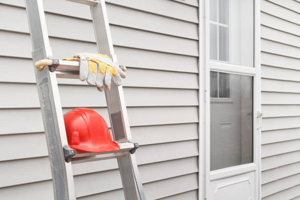 Ladder, Gloves And Hard Hat Red hard hat and work gloves on ladder with house siding background. siding stock pictures, royalty-free photos & images
