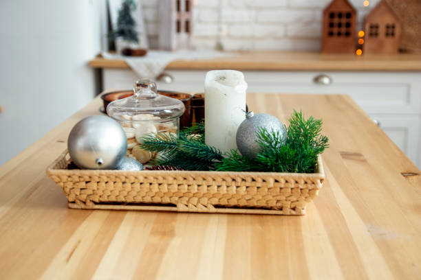 istock Modern kitchen interior with white brick walls, wooden countertops, Christmas 1189146432