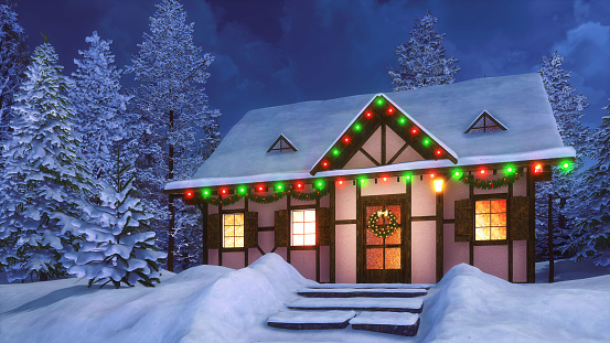 Porch of cozy snowbound half-timbered rural house decorated for Xmas with christmas lights, wreath and garlands among snowy fir forest at winter night. 3D illustration from my 3D rendering file.