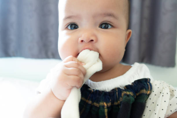 アジアの女の子は彼女の生地の人形を噛んで楽しむ - baby holding babies only sign ストックフォトと画像