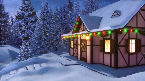 istock Rural house with Christmas decorations at night 1189146478