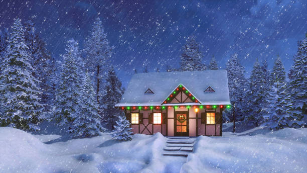 istock House with Christmas decorations at snowfall night 1189146537
