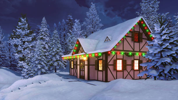 istock Rustic house decorated for Xmas at winter night 3D 1189146567