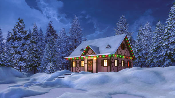 snowbound dom urządzone na boże narodzenie w zimową noc - blizzard house storm snow zdjęcia i obrazy z banku zdjęć