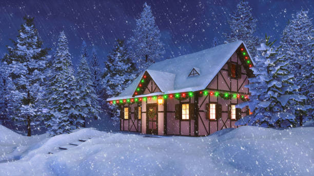 istock Rural house decorated for Christmas at snowy night 1189146633
