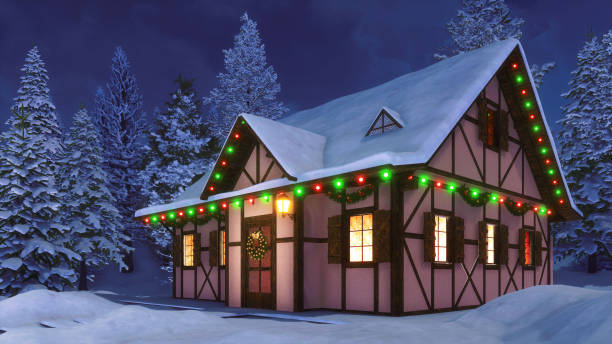przytulny rustykalny dom urządzony na boże narodzenie w nocy - blizzard house storm snow zdjęcia i obrazy z banku zdjęć