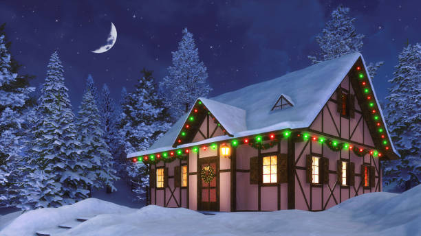 istock Rural house decorated for Xmas at winter night 3D 1189146663