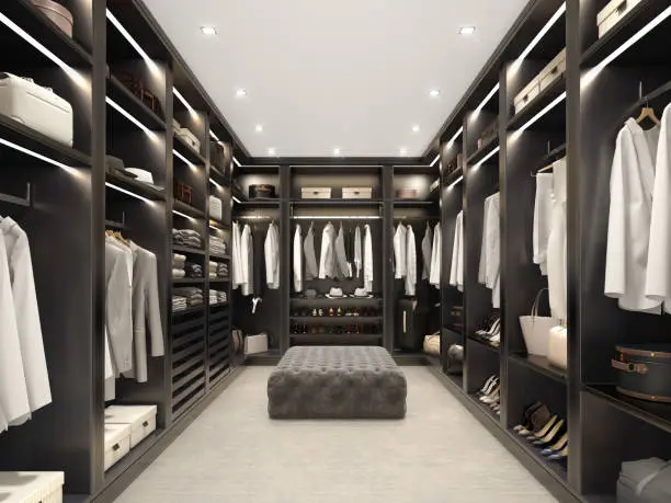 3d render of a modern black luxury walk in closet room with tufted velvet stool and carpet and clothes