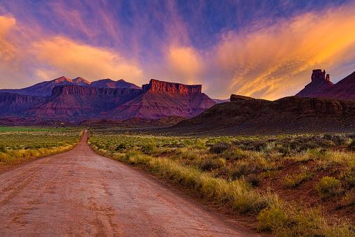 La Sal Mountains and Red Rock Canyons Sunset - Moab, Utah views in Castle Valley at sunset.