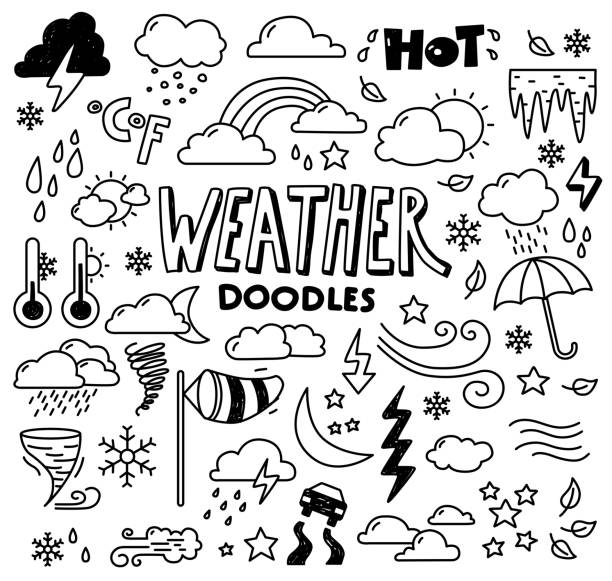 ilustraciones, imágenes clip art, dibujos animados e iconos de stock de doodles meteorológicos - cloud drawing heat cold