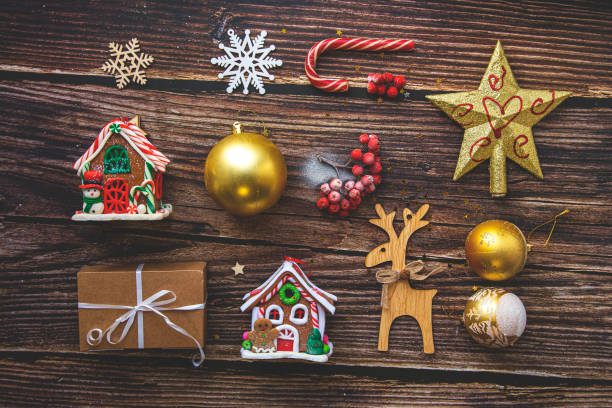 istock Flat lay composition. Christmas accessories and decorations on wood background. top view, copy space 1189149744