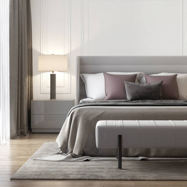 istock Grey bedroom interior with luxury lamps and a stool 1189150272