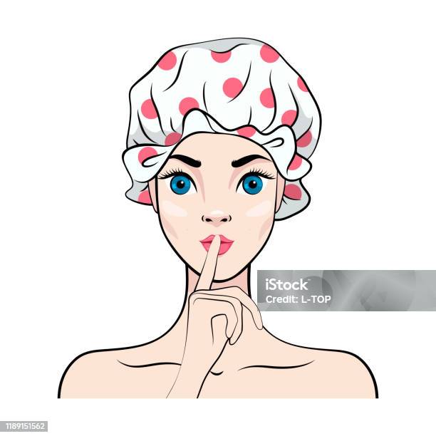 Cartoon Girl In Shower Cap Puts A Finger To Her Lips Vector Illustration  Stock Illustration - Download Image Now - iStock