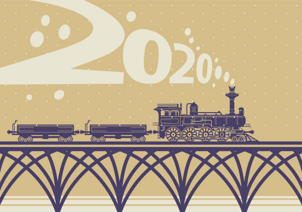 New year and Christmas greeting card. Happy new year banner. Christmas card with a vintage steam train. Vector illustration