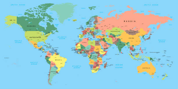 ilustrações, clipart, desenhos animados e ícones de mapa mundial multicolorido com capitais e países - mapa mundi