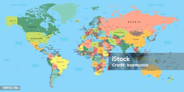 Multicolored World Map With Capitals And Countries Stock Illustration - Download Image Now - World Map, Map, Country - Geographic Area