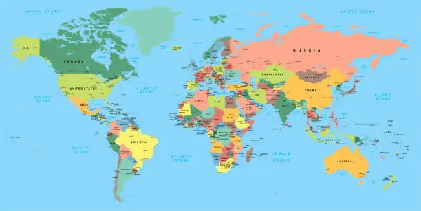 Vector illustration of Multicolored World Map with capitals and countries