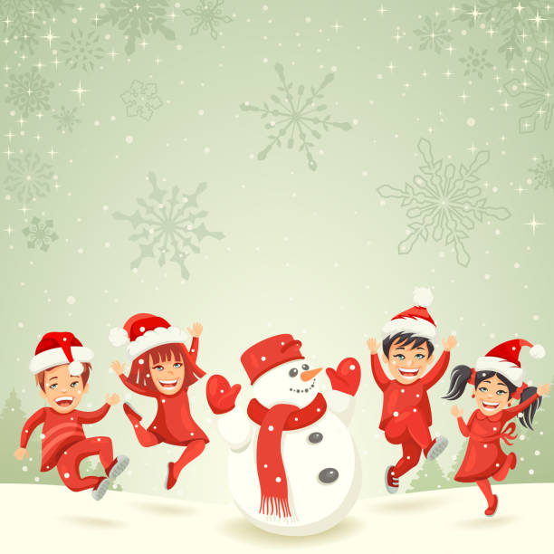 weihnachtskinder und schneemann - christmas christmas card greeting card greeting stock-grafiken, -clipart, -cartoons und -symbole
