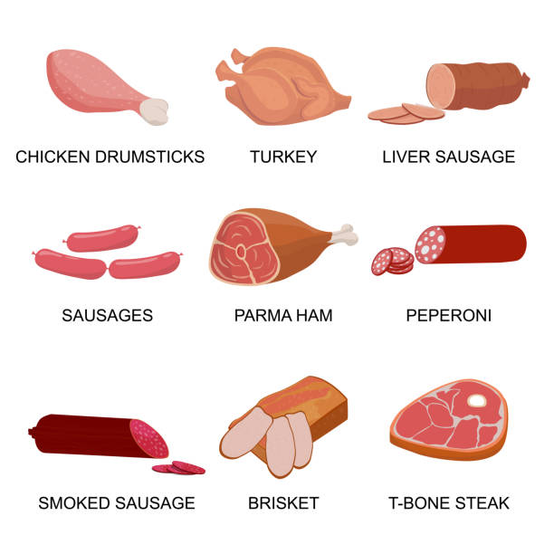 肉製品のセット。チキンドラムスティックと七面鳥、レバーソーセージ、ペペローニとパルマハム、ブリスケットとtボーンステーキ。ベクターの図。 - steak meat t bone steak raw点のイラスト素材／クリップアート素材／マンガ素材／アイコン素材
